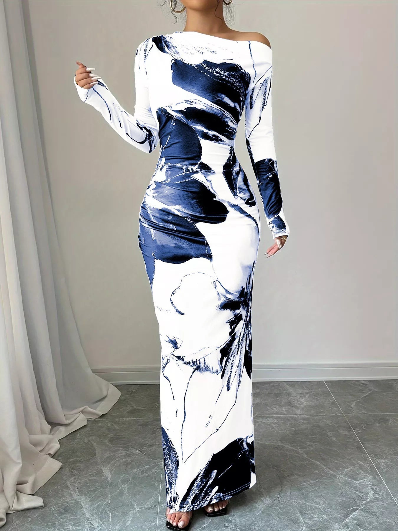 Floral One Shoulder Long Sleeve Maxi Dress.