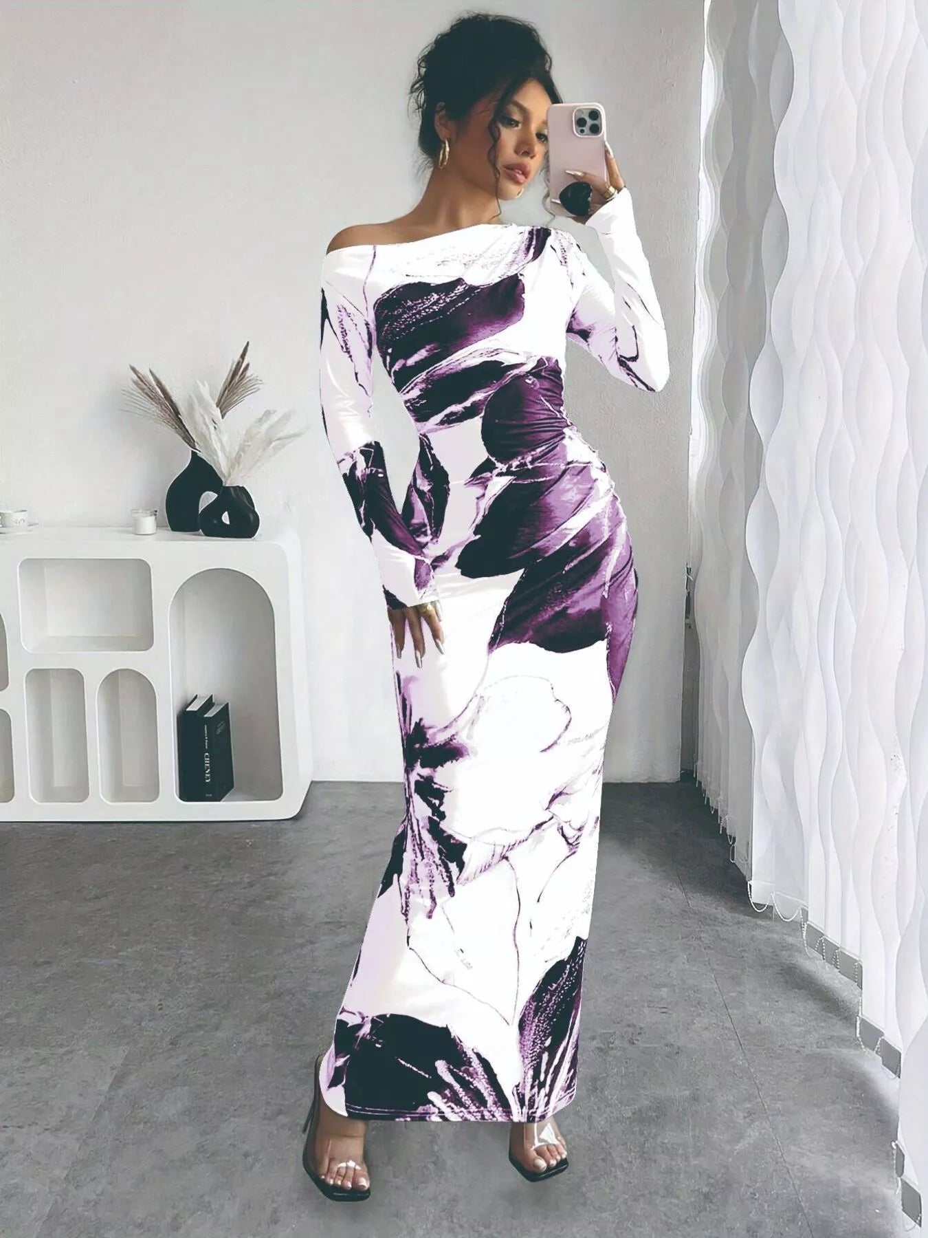 Floral One Shoulder Long Sleeve Maxi Dress.