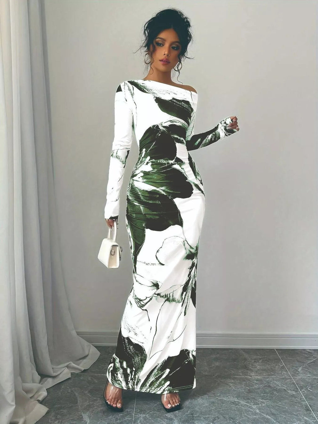 Floral One Shoulder Long Sleeve Maxi Dress.