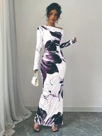 Floral One Shoulder Long Sleeve Maxi Dress.