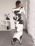 Floral One Shoulder Long Sleeve Maxi Dress.