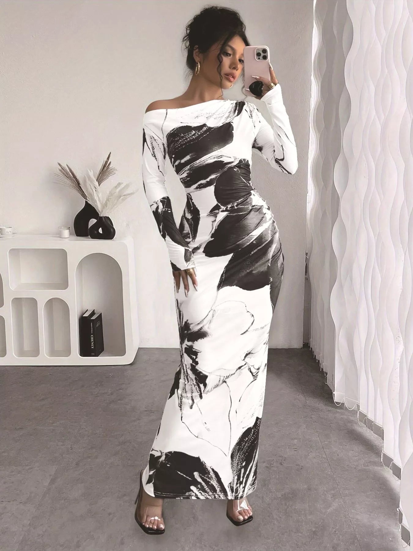 Floral One Shoulder Long Sleeve Maxi Dress.