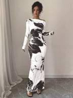 Floral One Shoulder Long Sleeve Maxi Dress.