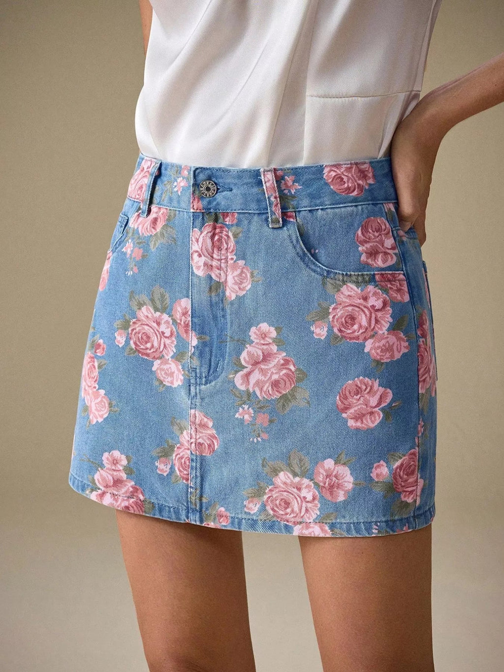 Floral Print Denim Skirt.