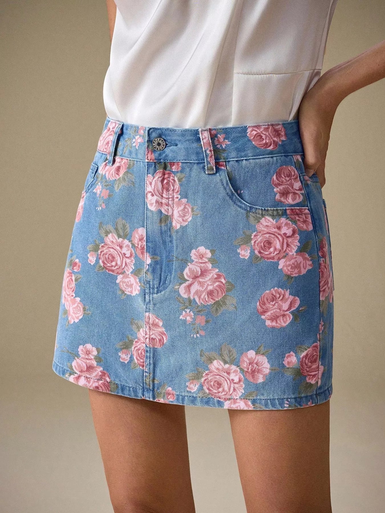 Floral Print Denim Skirt.