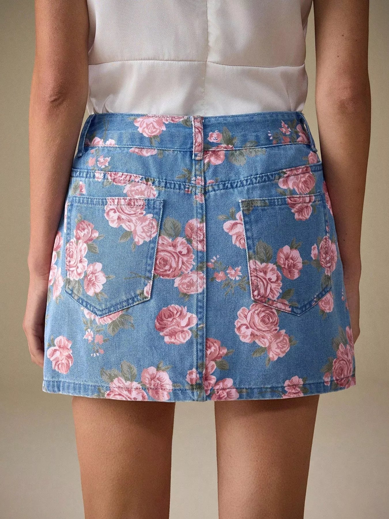 Floral Print Denim Skirt.