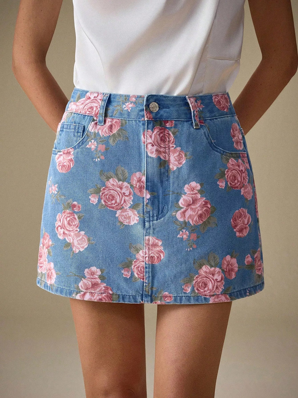 Floral Print Denim Skirt.