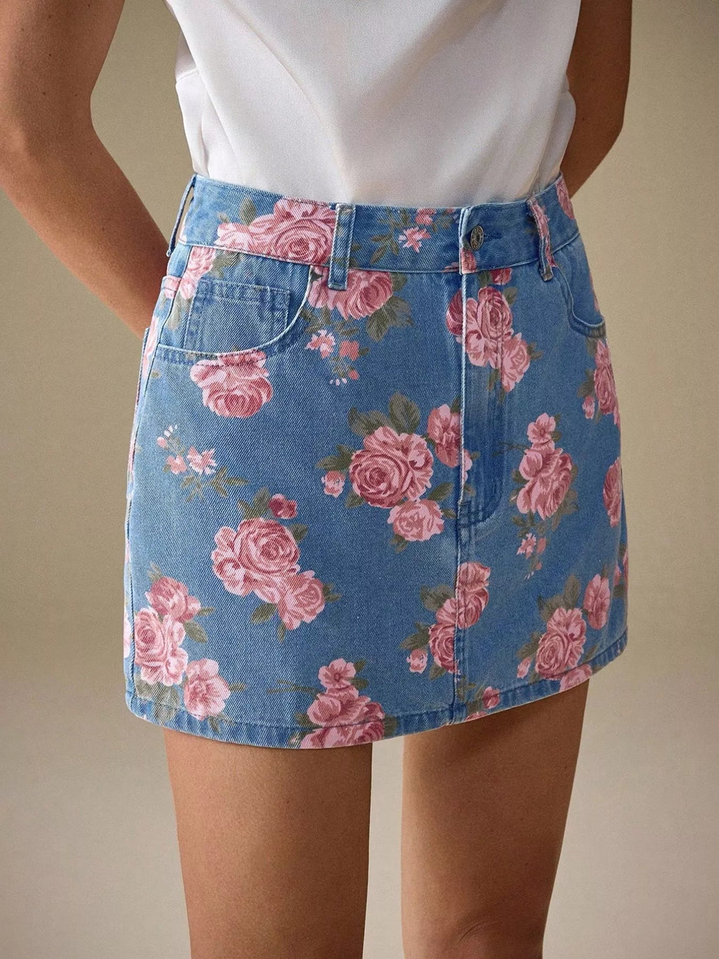 Floral Print Denim Skirt.