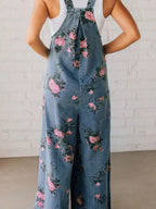 Floral Print Wide Leg Denim Overalls.