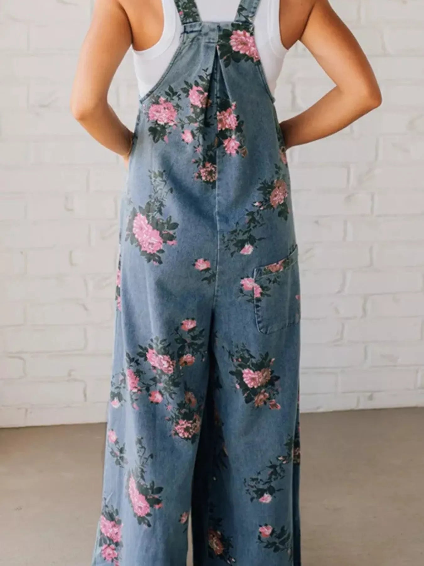 Floral Print Wide Leg Denim Overalls.