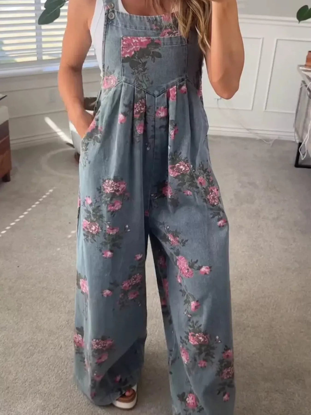 Floral Print Wide Leg Denim Overalls.