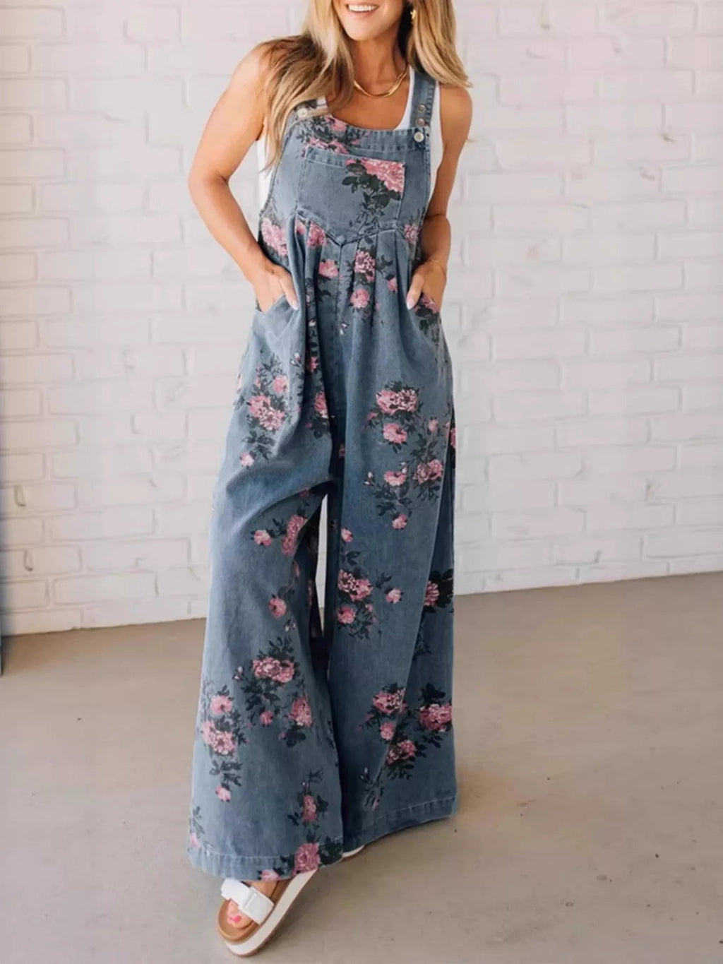 Floral Print Wide Leg Denim Overalls.