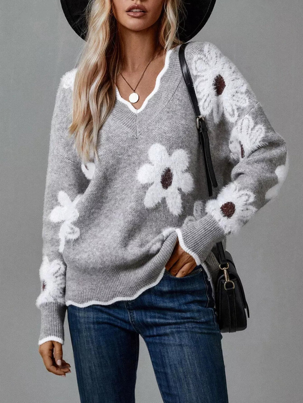 Floral V-Neck Long Sleeve Sweater.