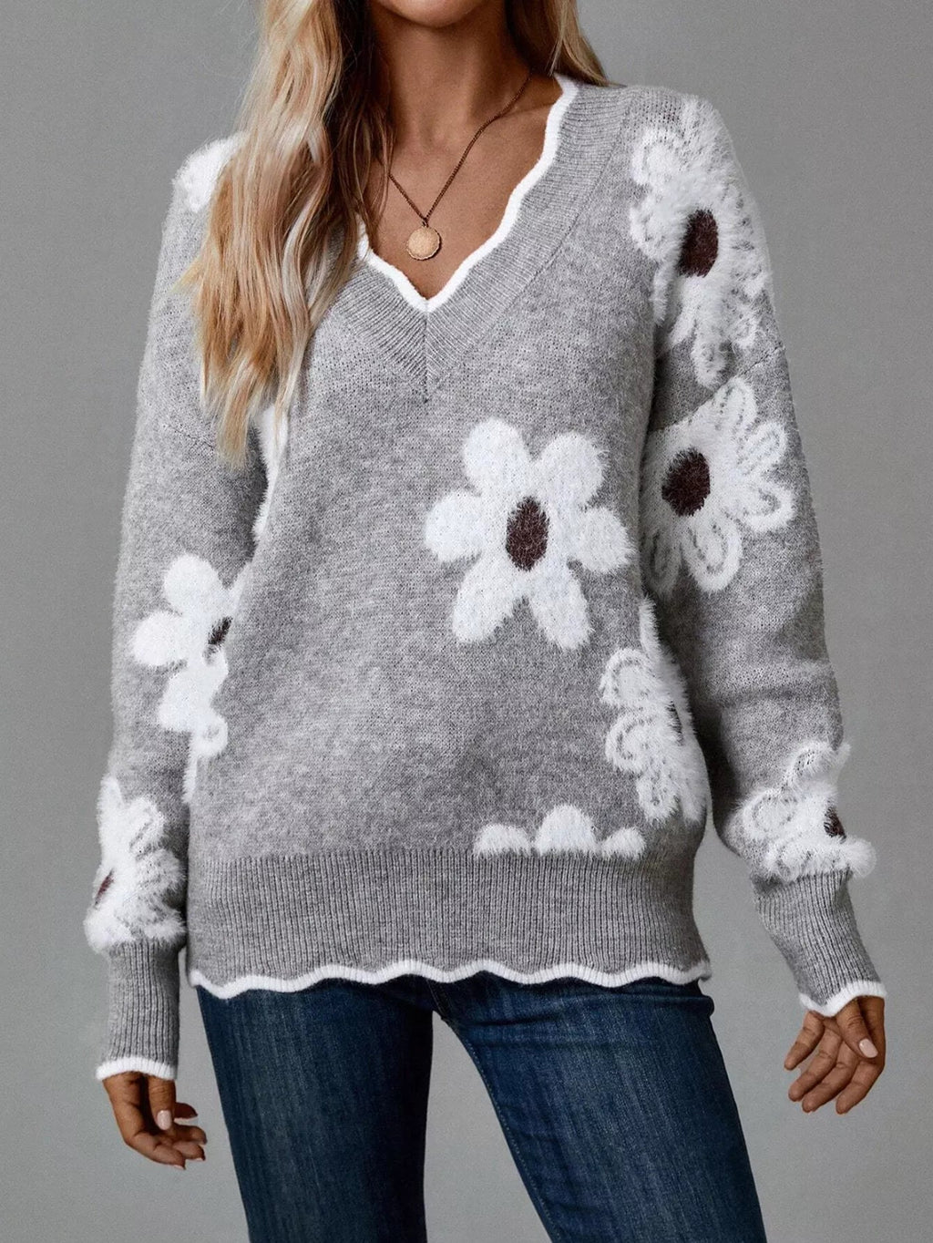 Floral V-Neck Long Sleeve Sweater.