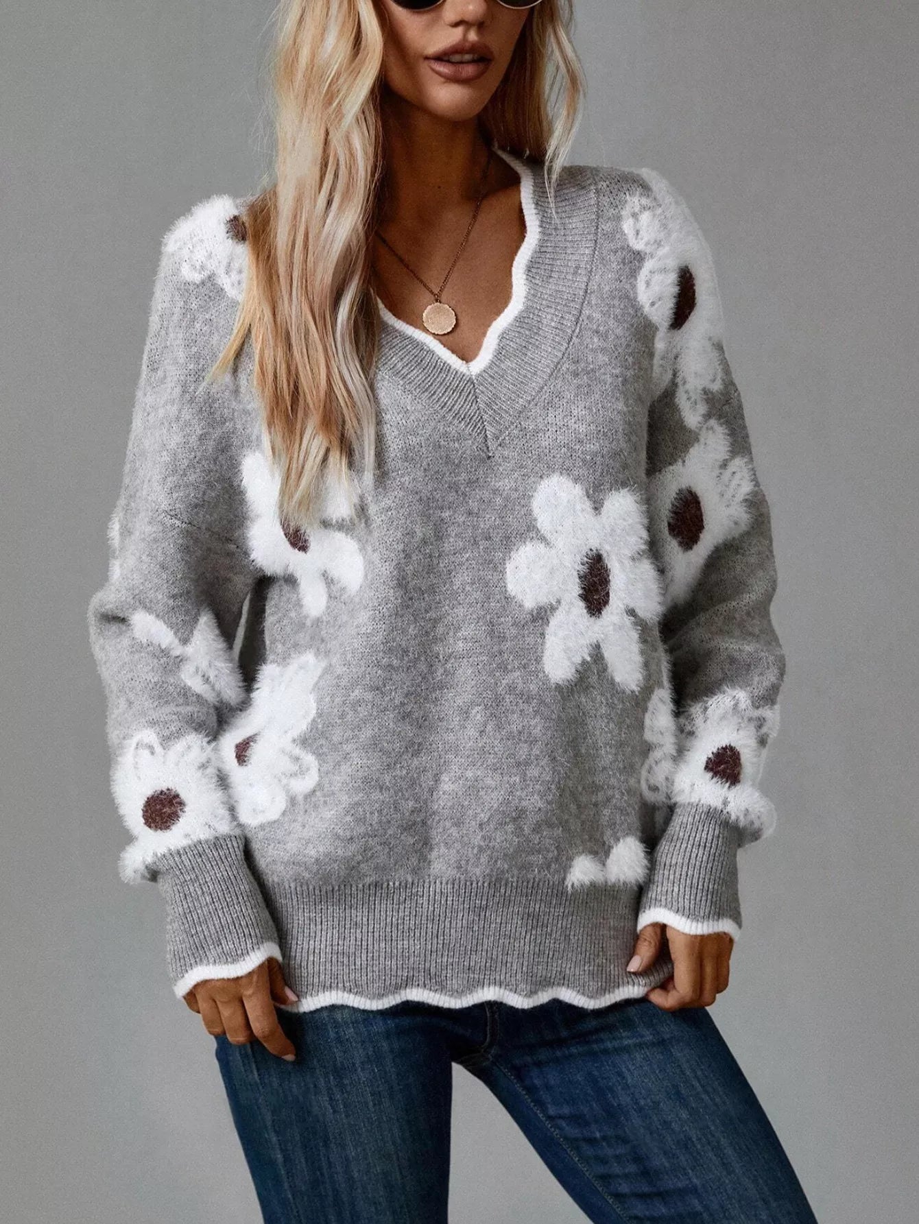 Floral V-Neck Long Sleeve Sweater.
