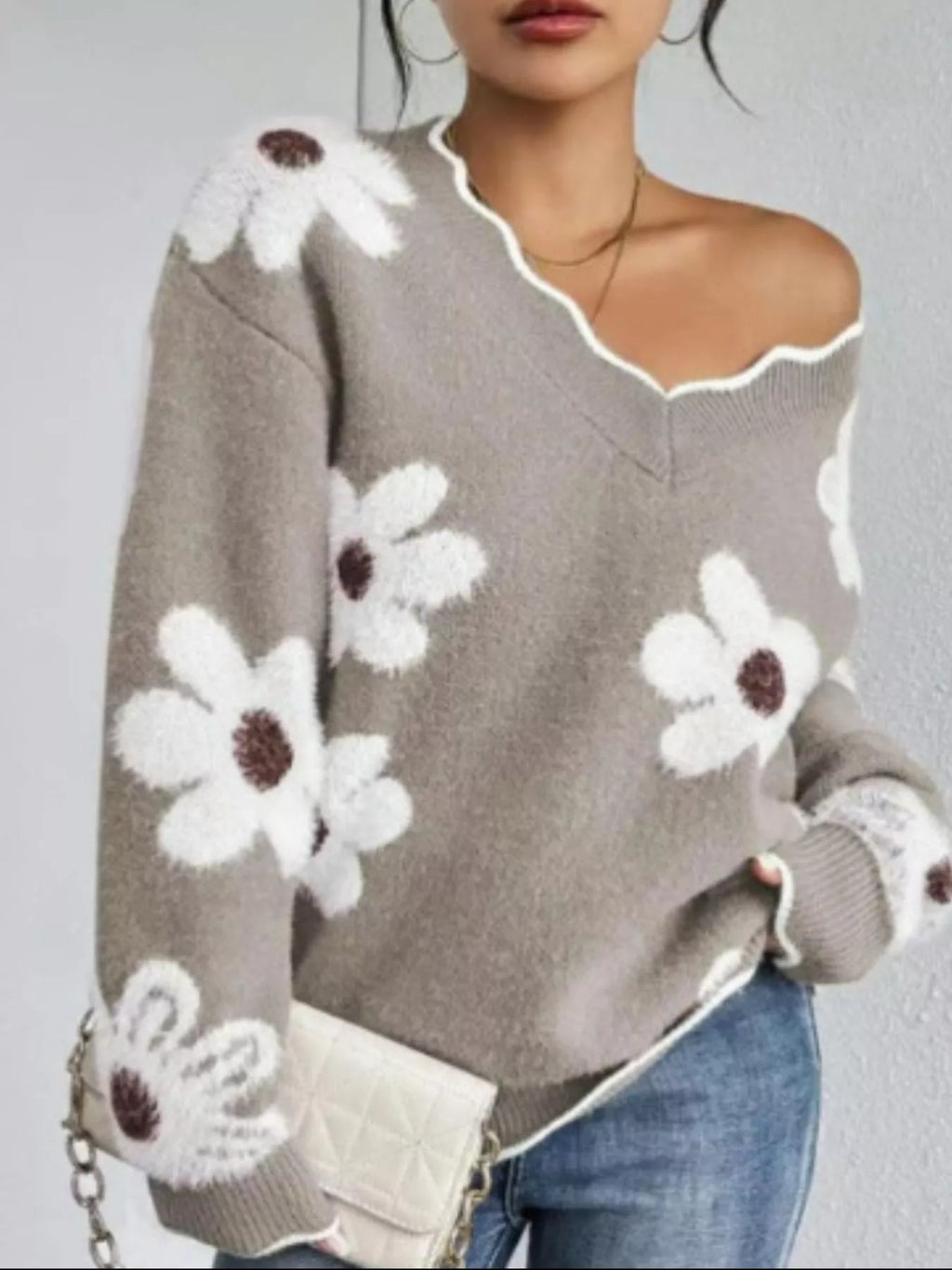 Floral V-Neck Long Sleeve Sweater.