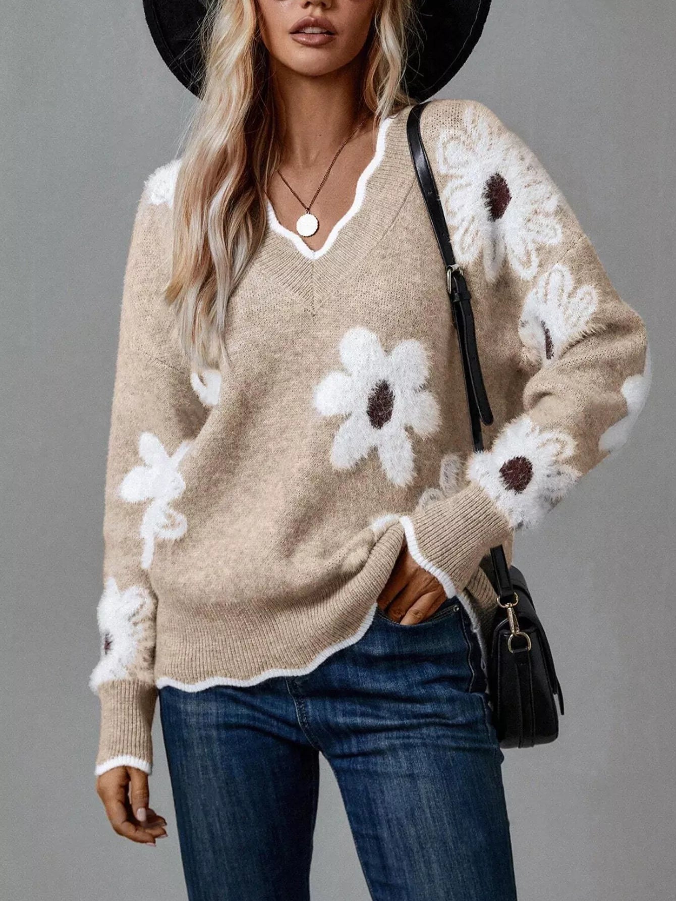 Floral V-Neck Long Sleeve Sweater.