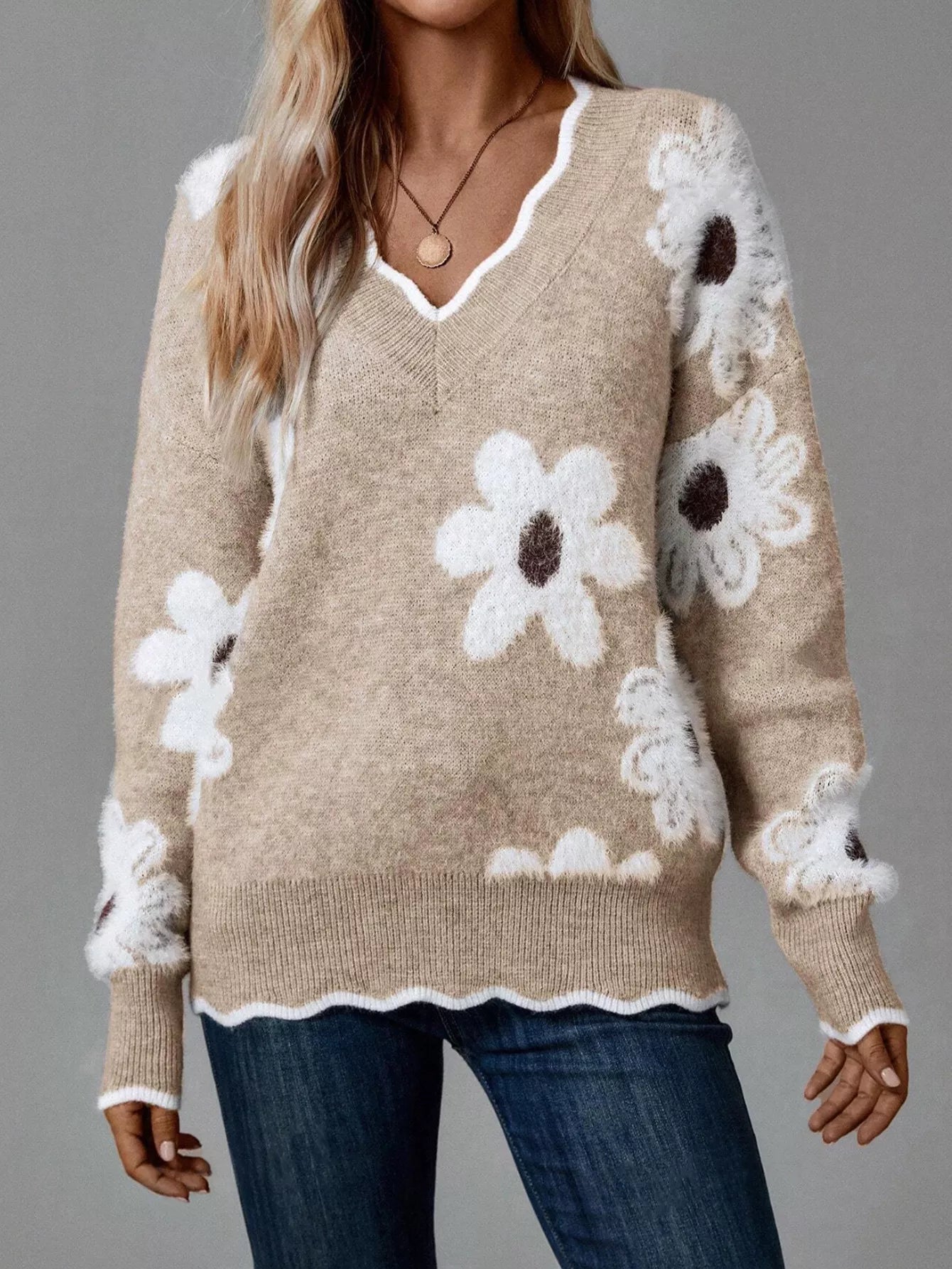 Floral V-Neck Long Sleeve Sweater.