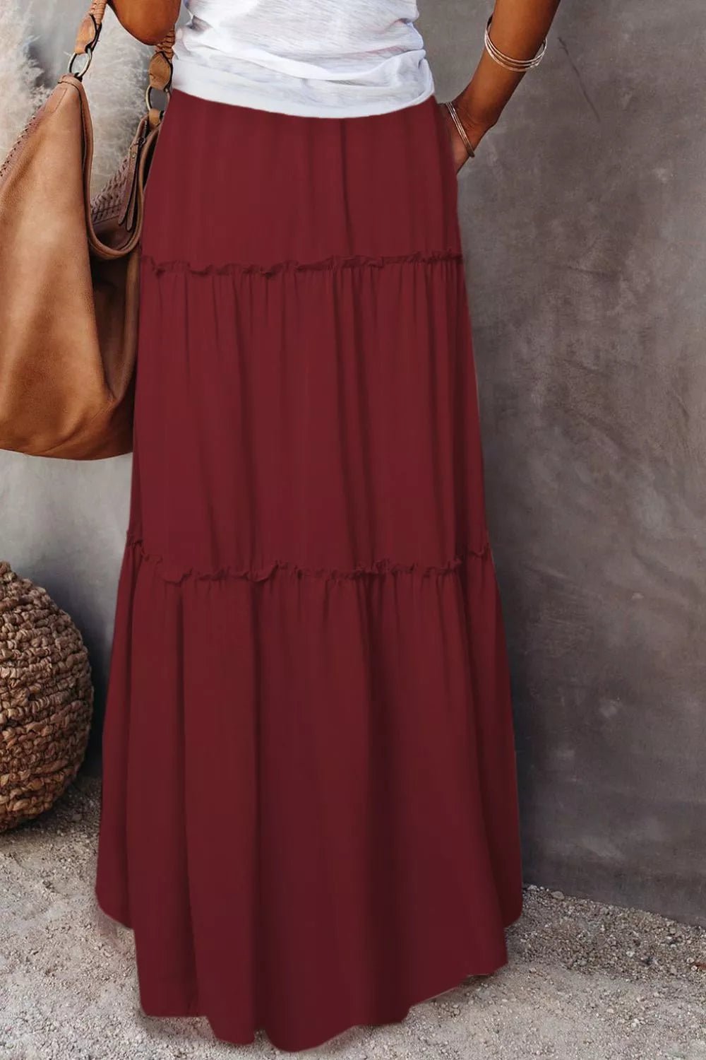 Elegant maxi skirt featuring a comfortable drawstring waist, perfect for stylish and versatile skirt options.