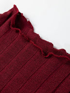 Frilled Neck Ribbed Knit Patchwork Long Sleeve Mini Dress.