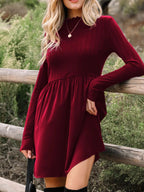 Frilled Neck Ribbed Knit Patchwork Long Sleeve Mini Dress.