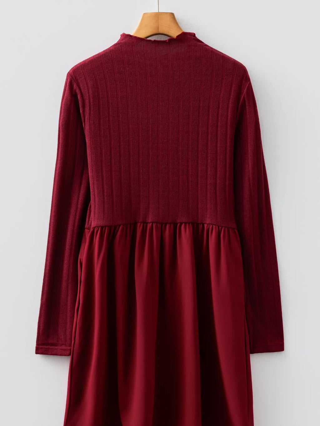 Frilled Neck Ribbed Knit Patchwork Long Sleeve Mini Dress.