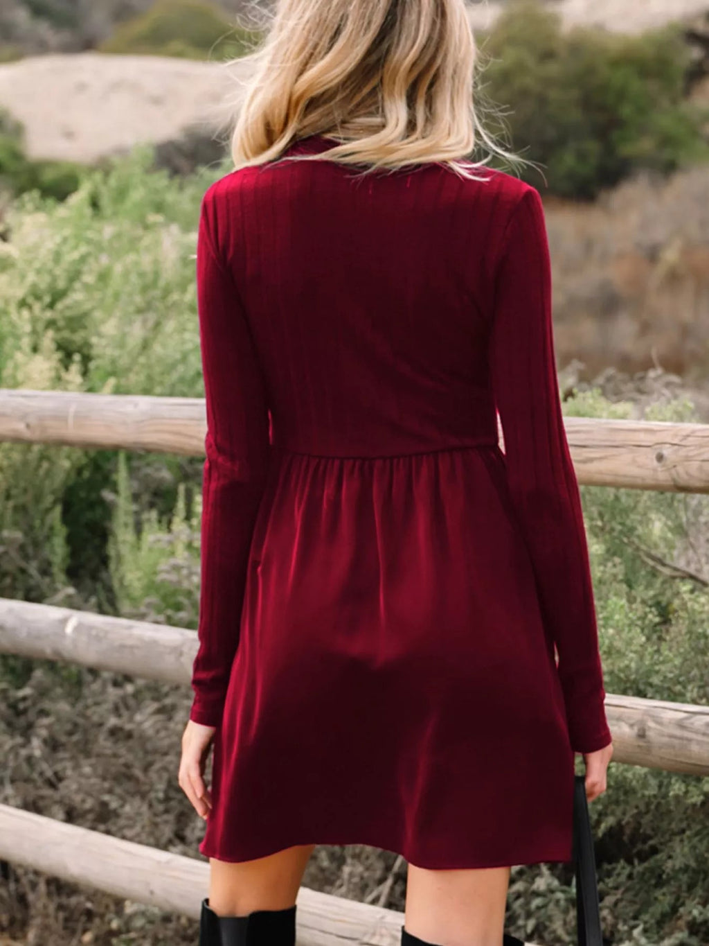 Frilled Neck Ribbed Knit Patchwork Long Sleeve Mini Dress.