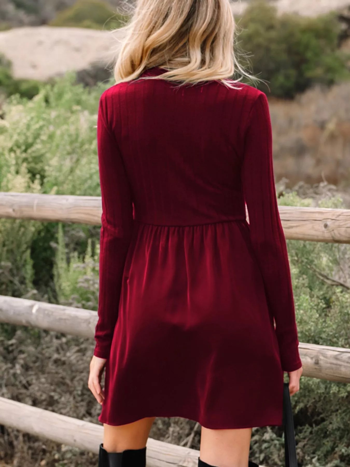 Frilled Neck Ribbed Knit Patchwork Long Sleeve Mini Dress.