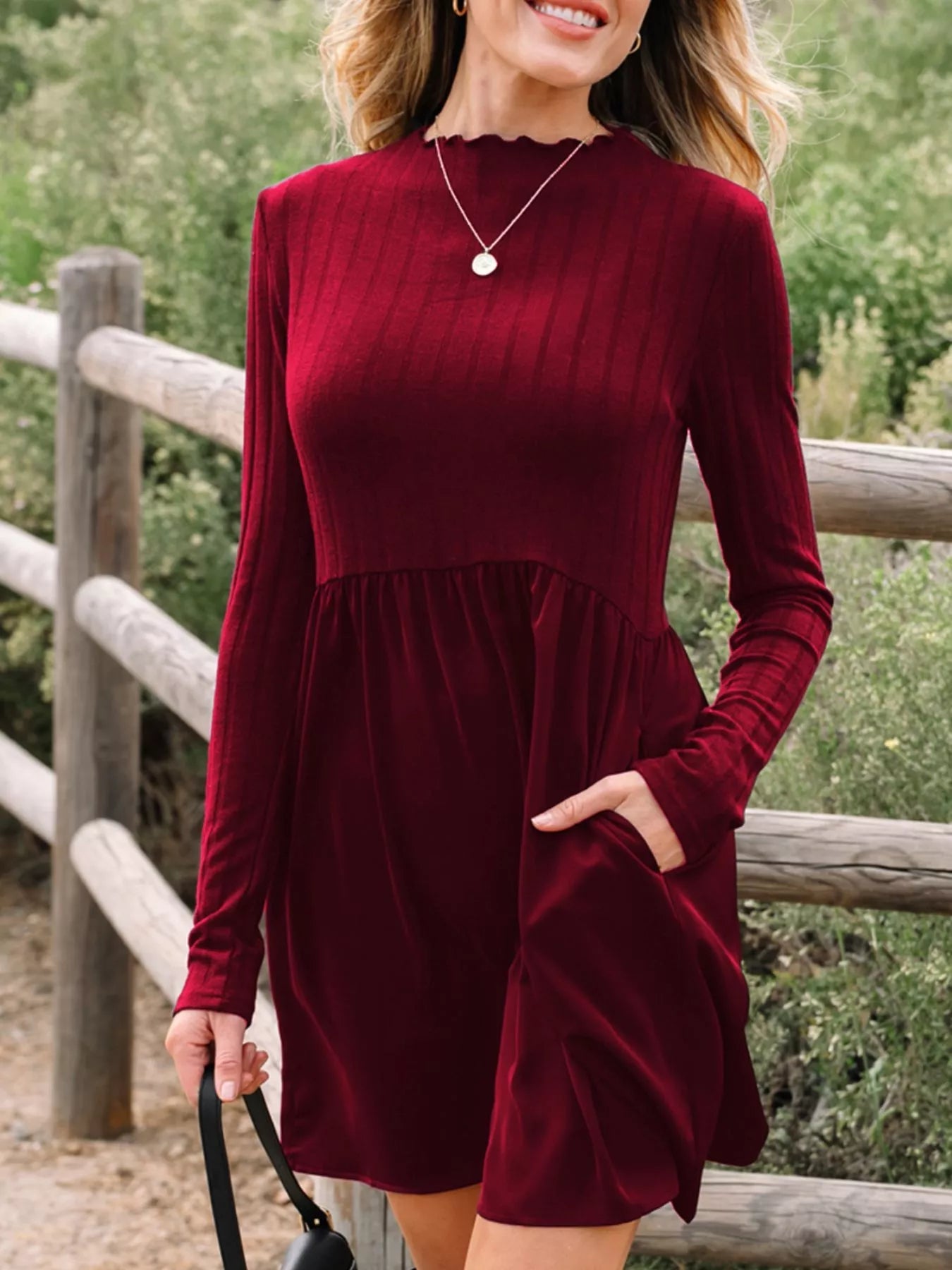 Frilled Neck Ribbed Knit Patchwork Long Sleeve Mini Dress.