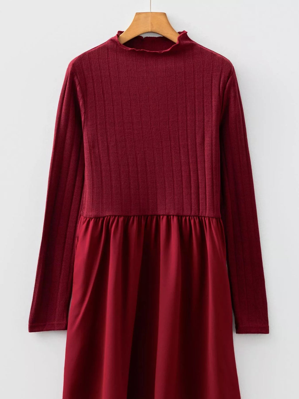 Frilled Neck Ribbed Knit Patchwork Long Sleeve Mini Dress.