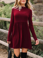 Frilled Neck Ribbed Knit Patchwork Long Sleeve Mini Dress.
