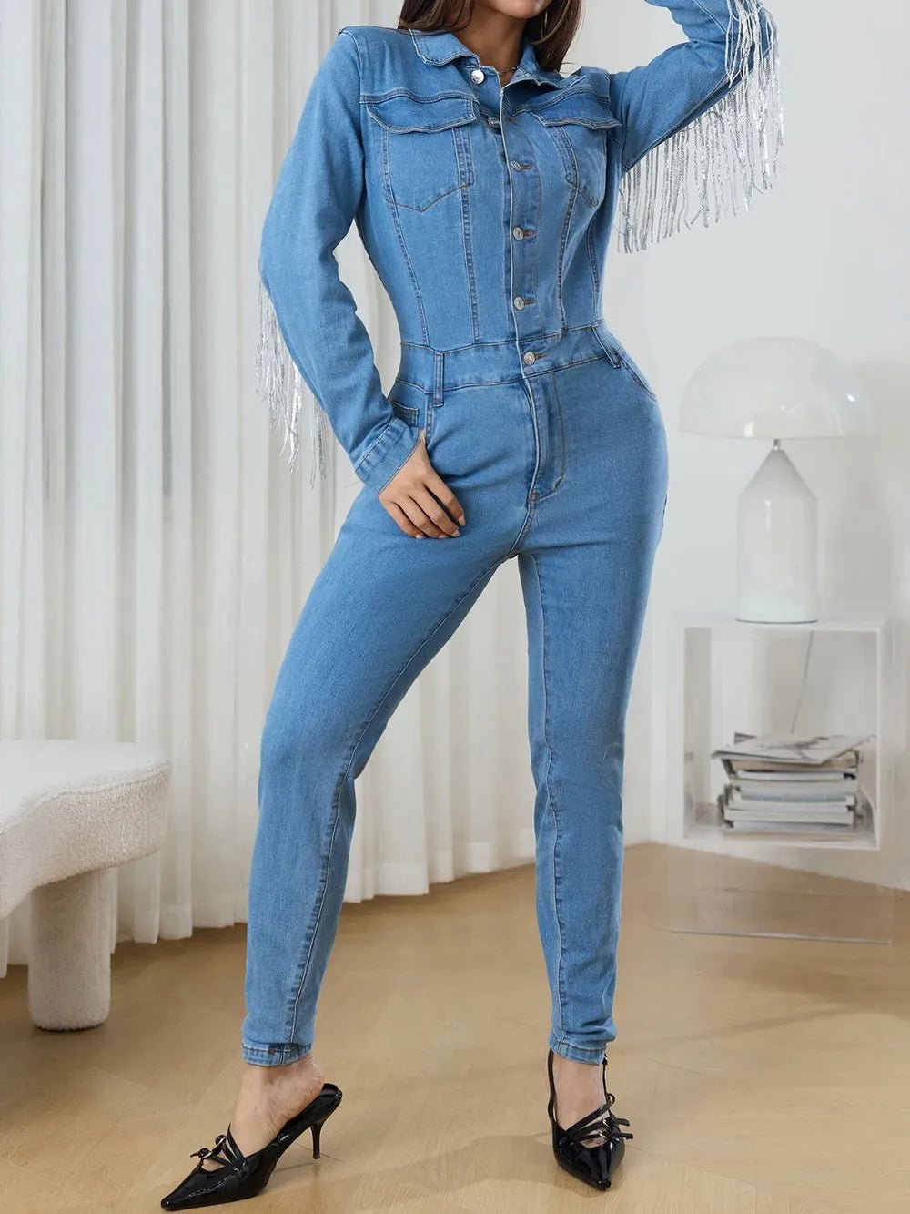 Fringe Half Button Long Sleeve Denim Jumpsuit.