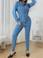 Fringe Half Button Long Sleeve Denim Jumpsuit.