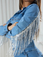 Fringe Half Button Long Sleeve Denim Jumpsuit.