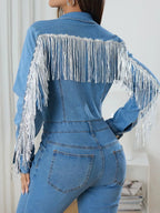 Fringe Half Button Long Sleeve Denim Jumpsuit.