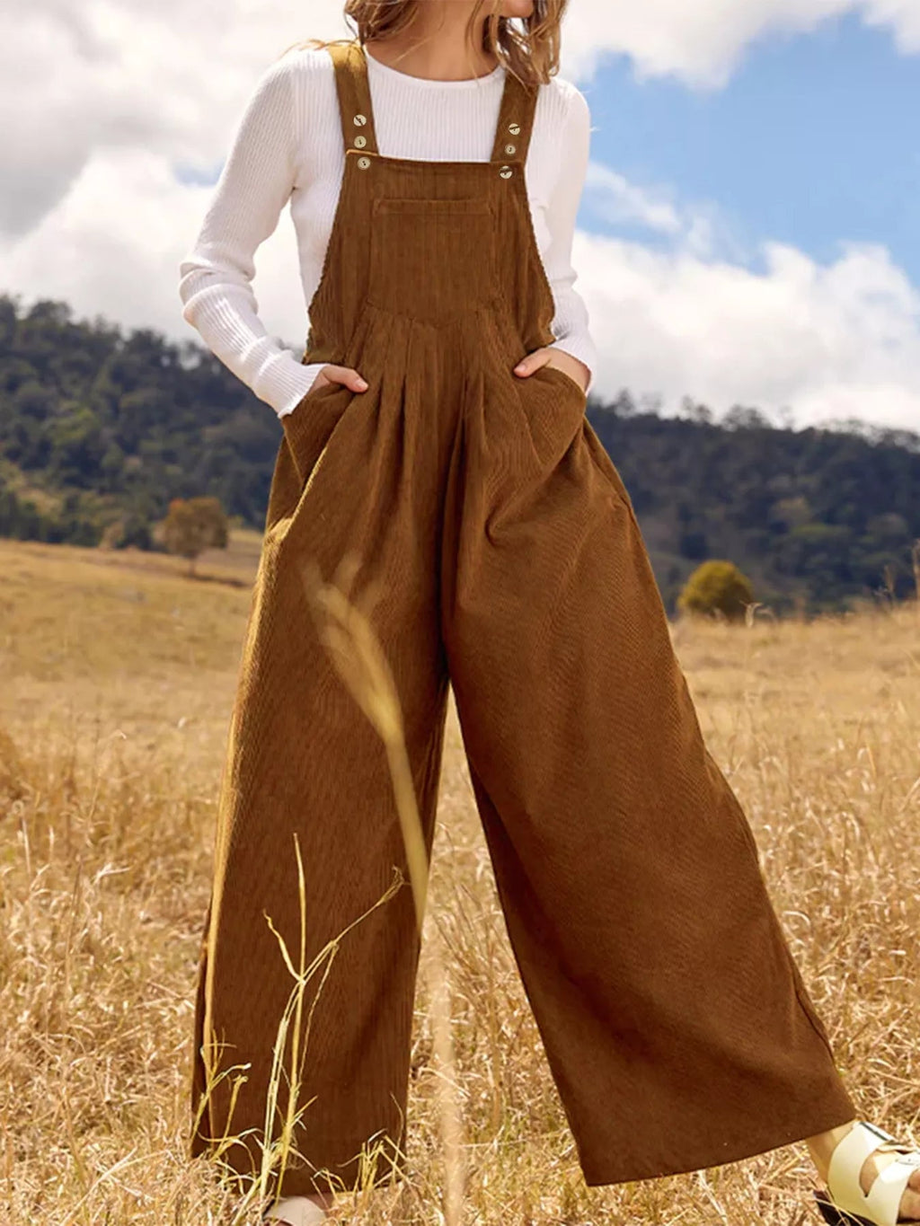 Front Ruched Wide Leg Jumpsuit with Pockets.