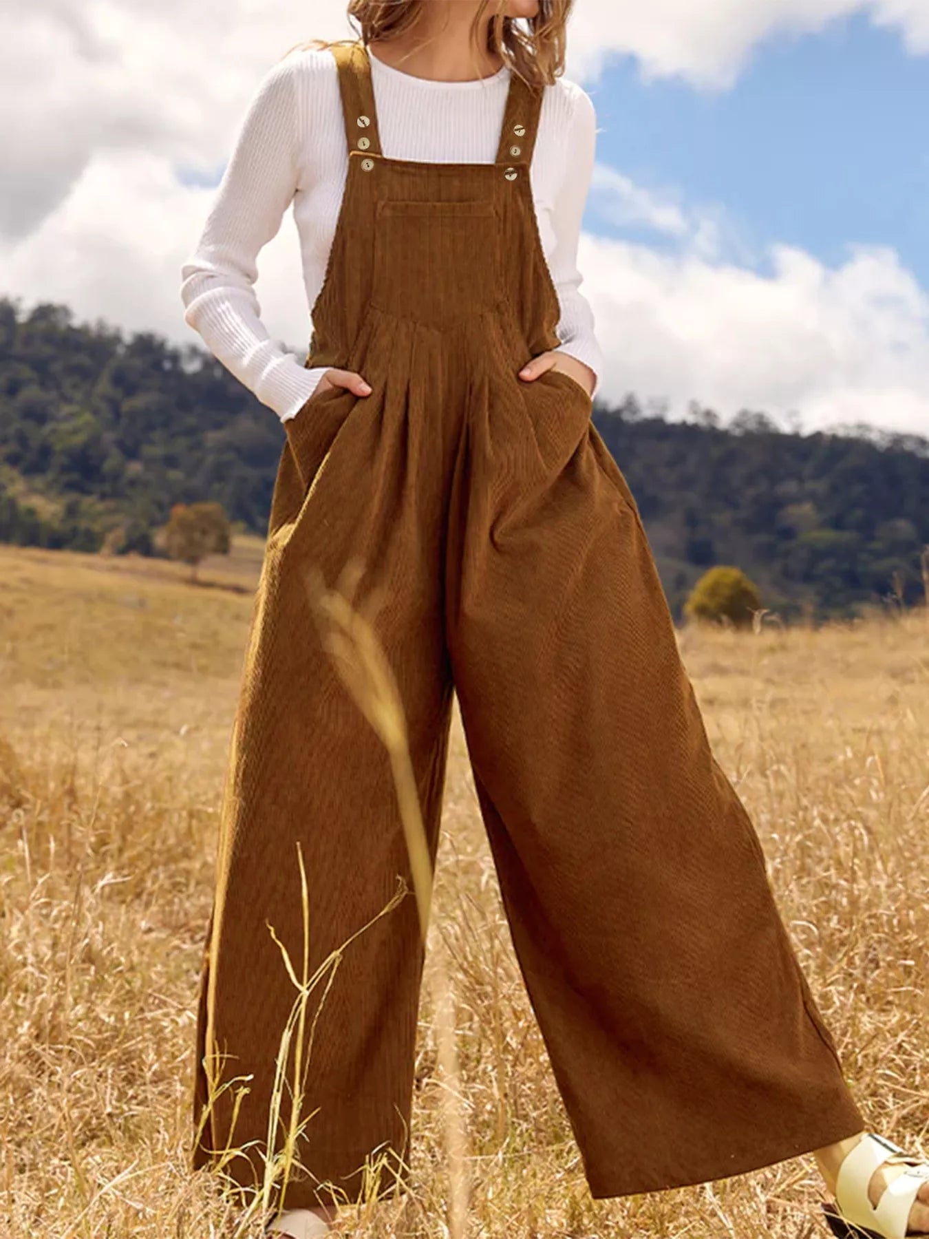 Front Ruched Wide Leg Jumpsuit with Pockets.