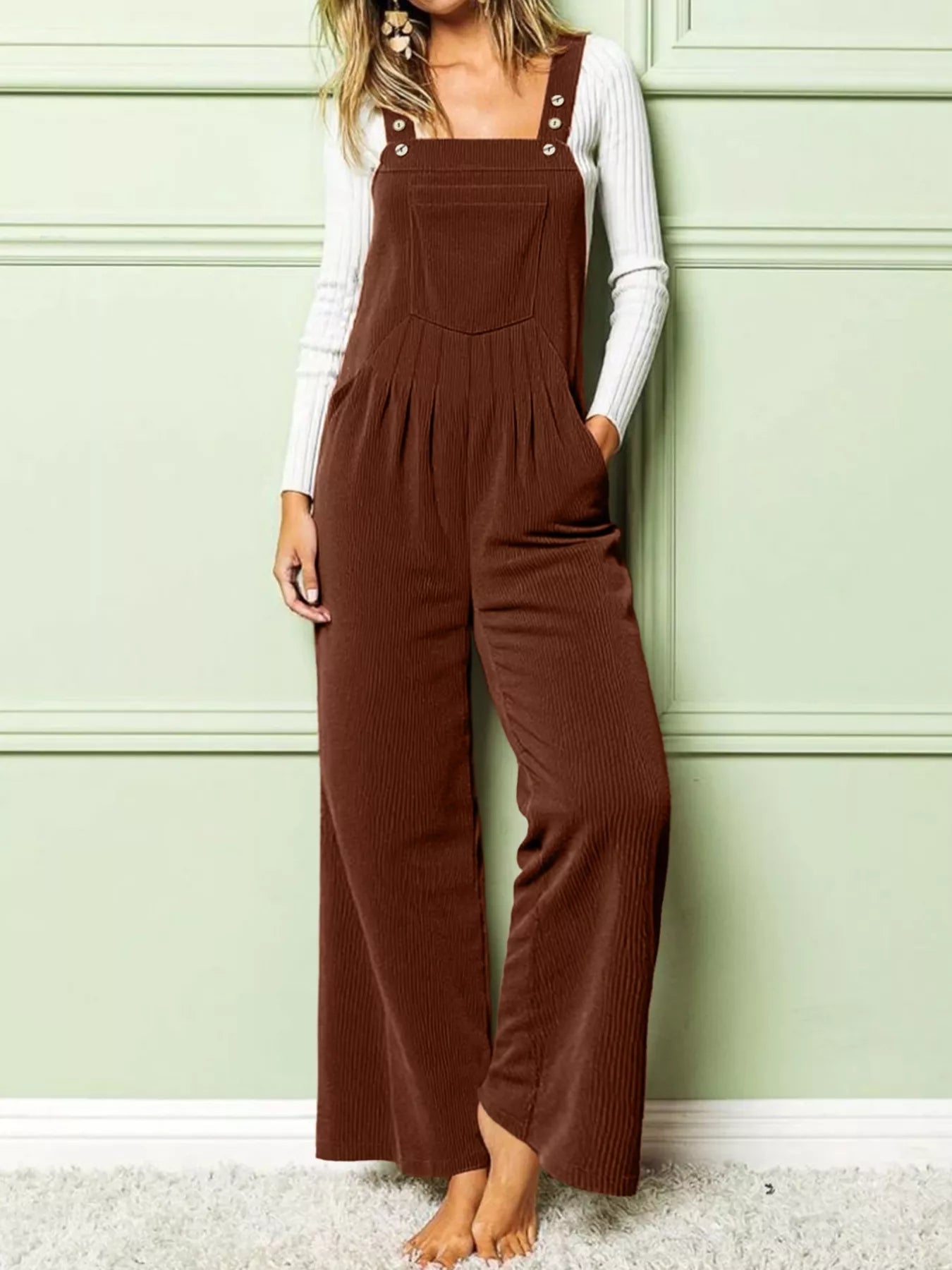 Front Ruched Wide Leg Jumpsuit with Pockets.