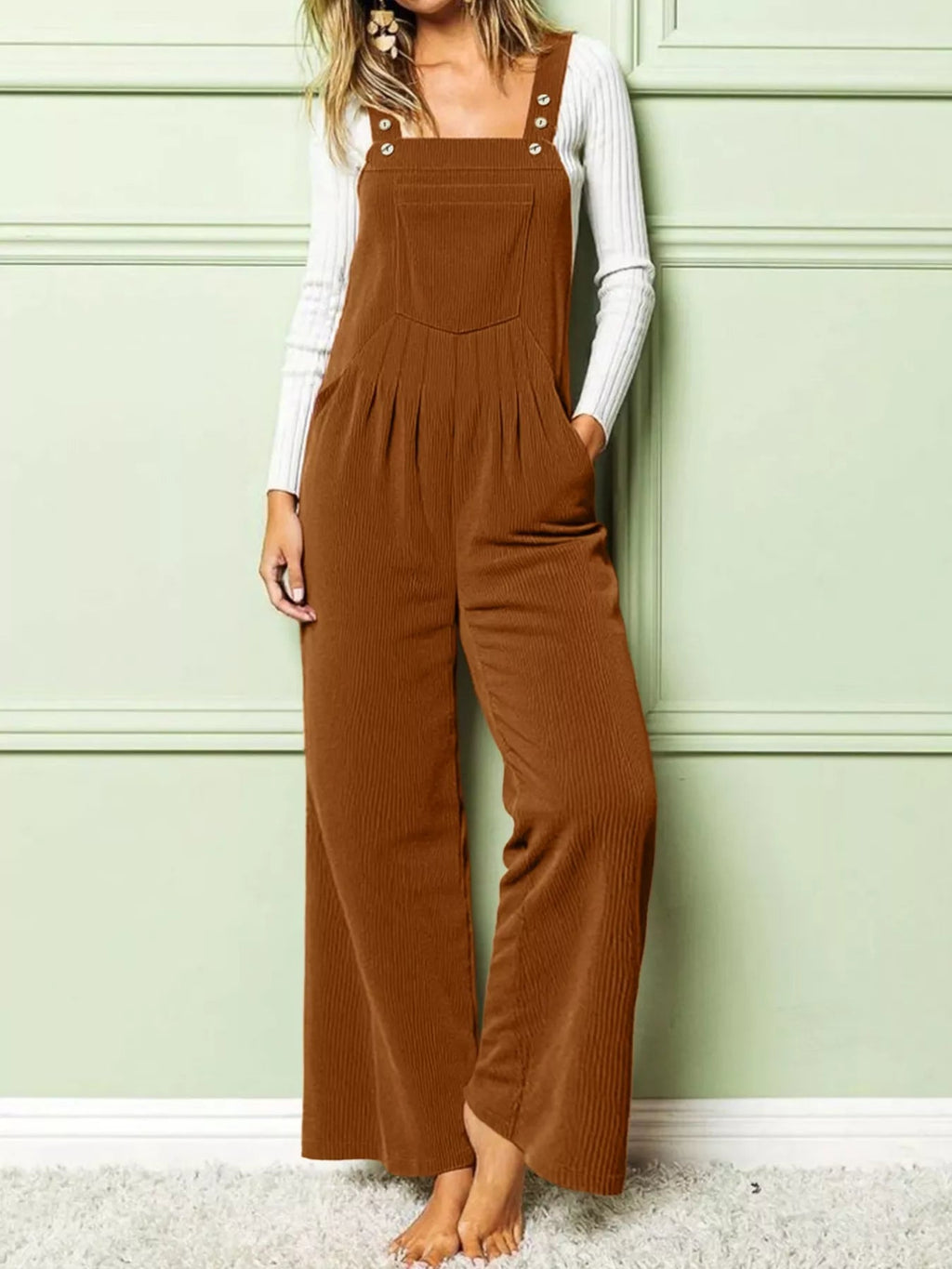 Front Ruched Wide Leg Jumpsuit with Pockets.