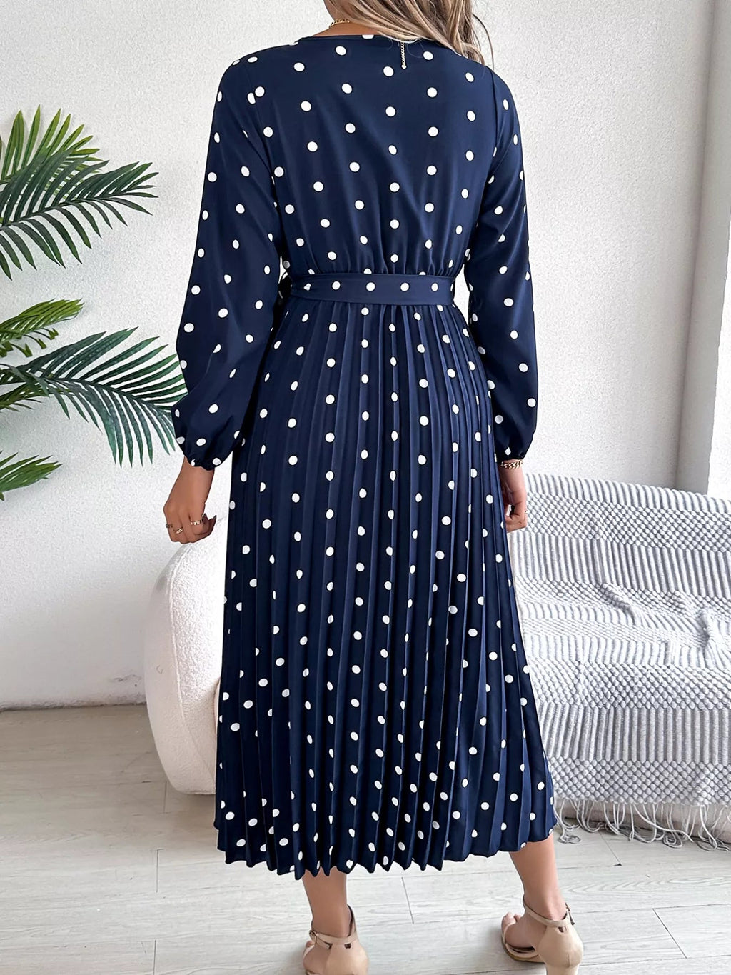 Front Tie Polka Dot Midi Pleated Dress