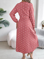 Front Tie Polka Dot Midi Pleated Dress
