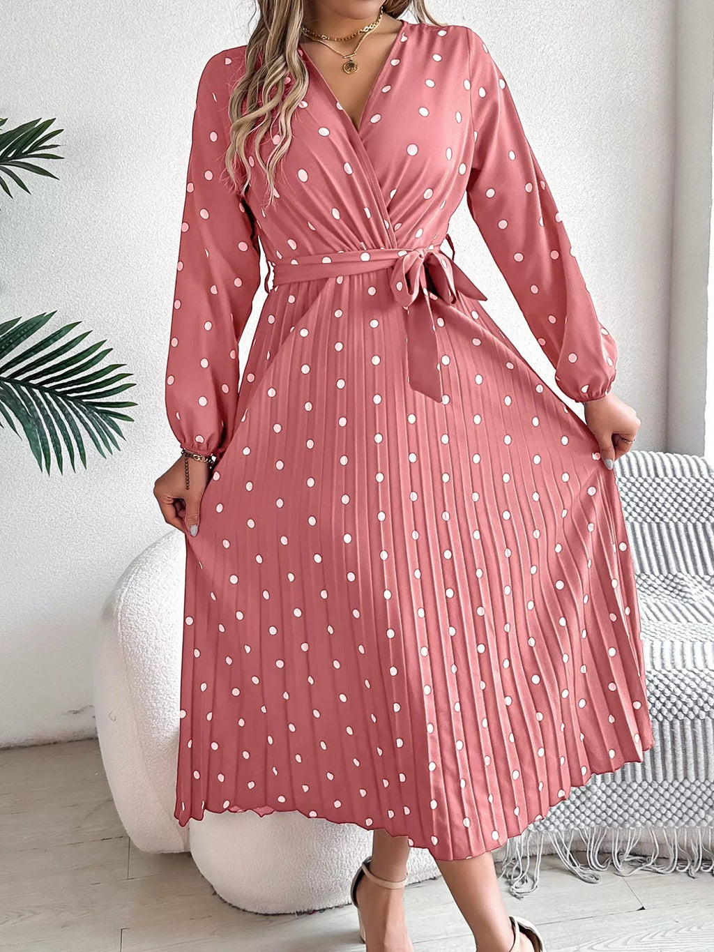 Front Tie Polka Dot Midi Pleated Dress.