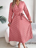 Front Tie Polka Dot Midi Pleated Dress.