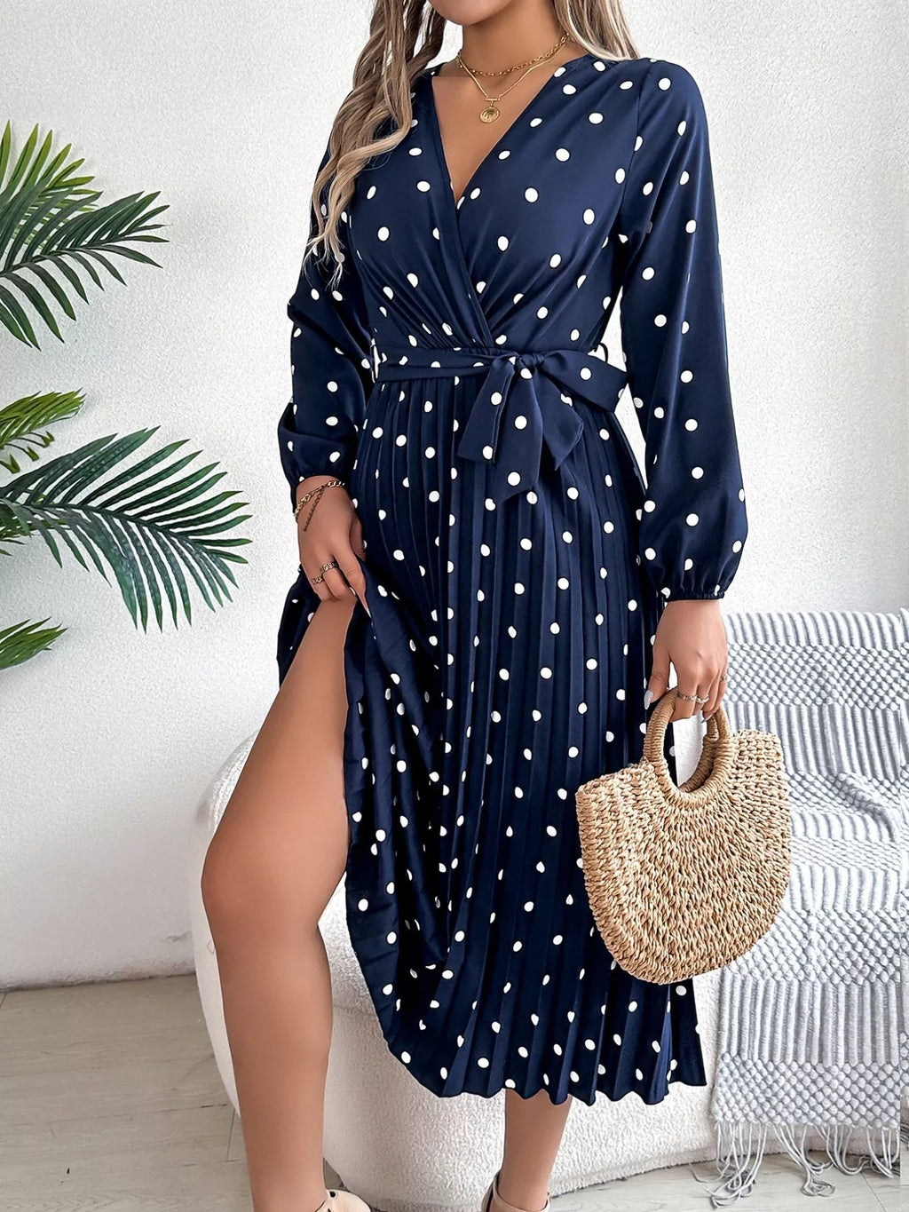 Front Tie Polka Dot Midi Pleated Dress