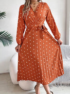Front Tie Polka Dot Midi Pleated Dress.