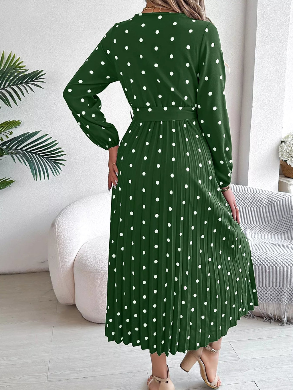 Front Tie Polka Dot Midi Pleated Dress.