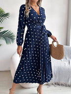 Front Tie Polka Dot Midi Pleated Dress