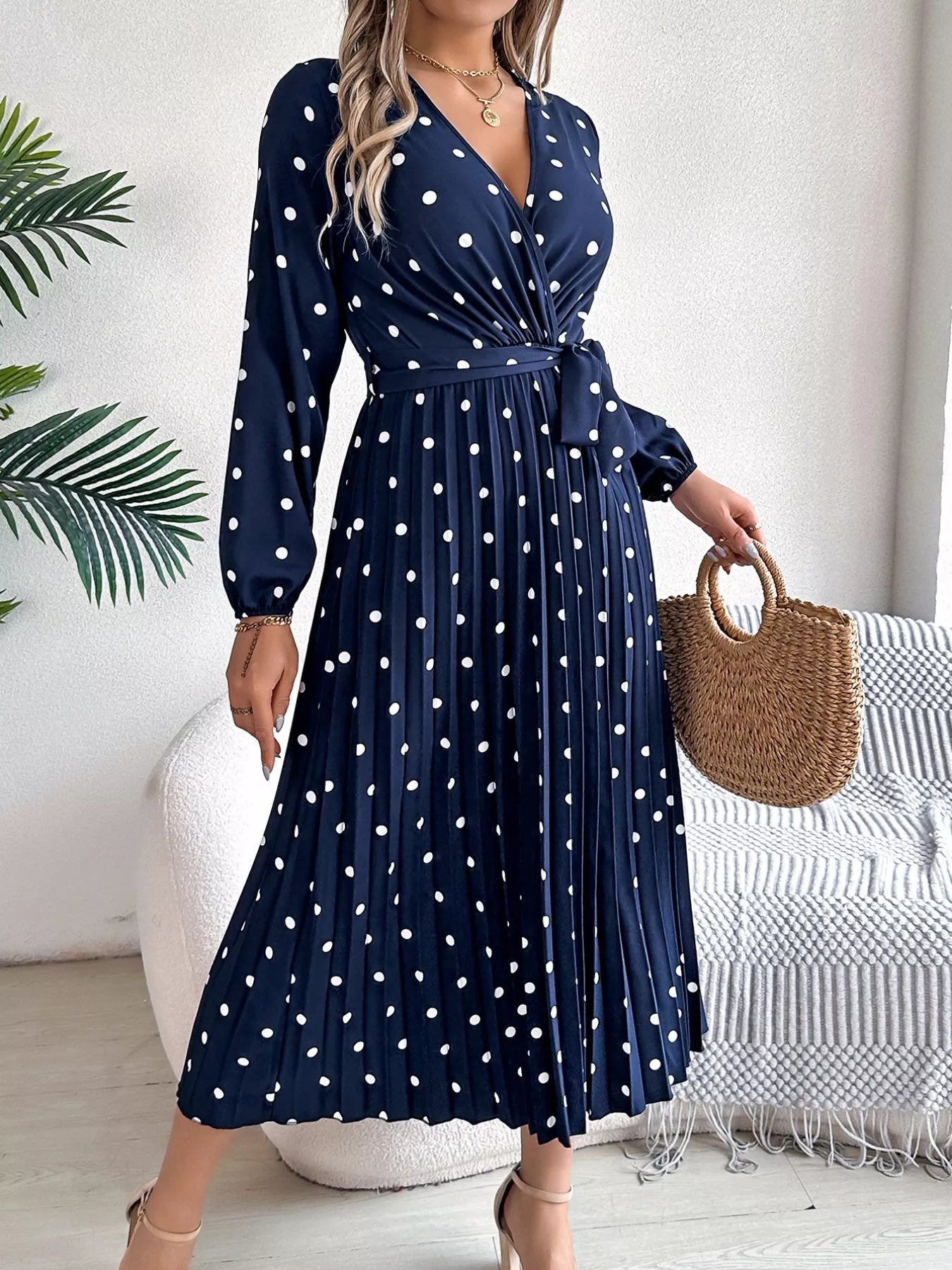 Front Tie Polka Dot Midi Pleated Dress