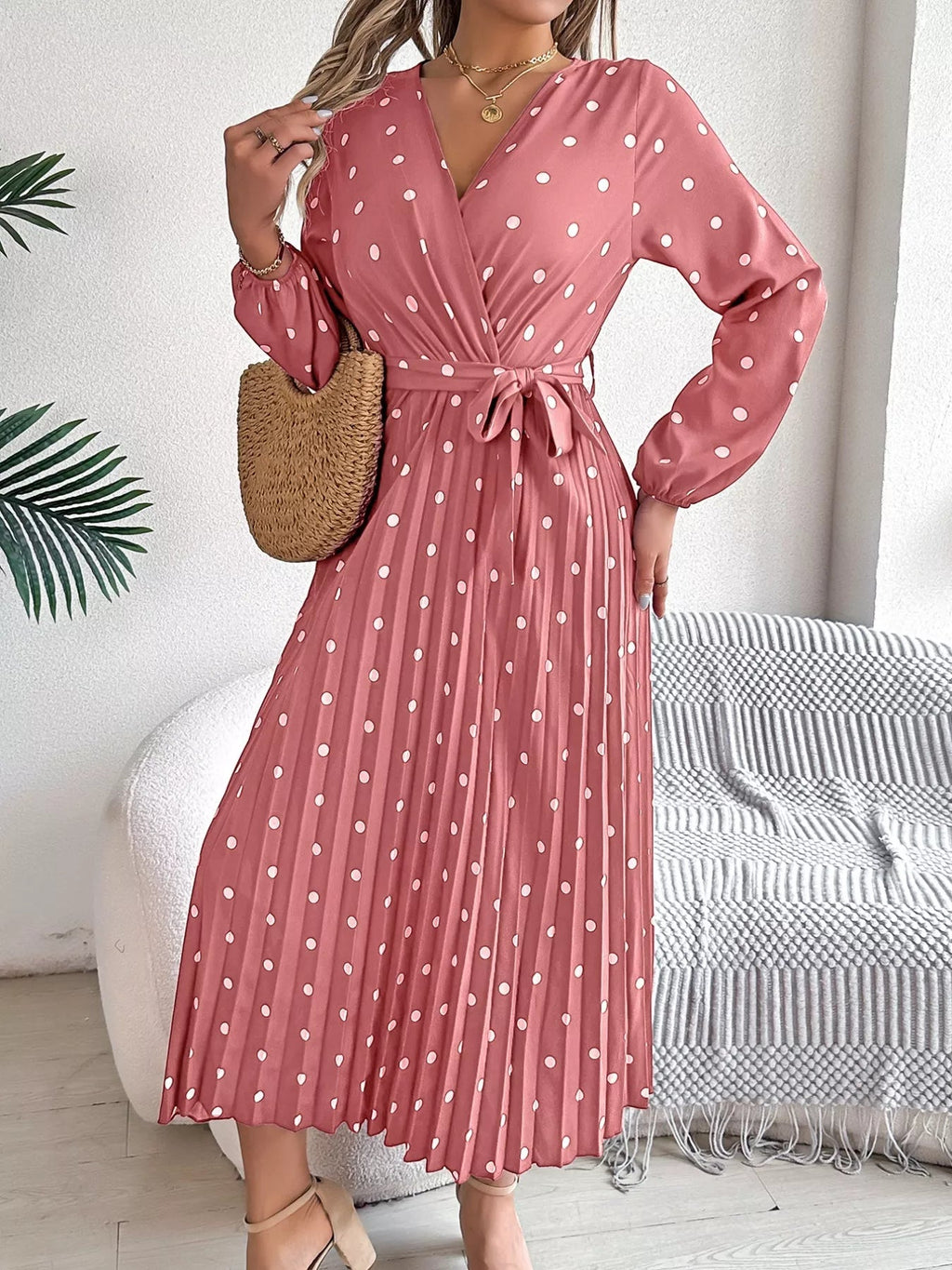 Front Tie Polka Dot Midi Pleated Dress