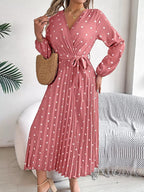 Front Tie Polka Dot Midi Pleated Dress